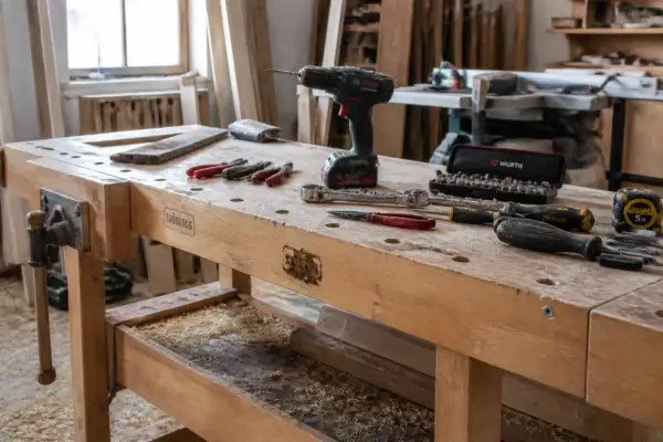 Établi en bois avec une perceuse, des tournevis, une clé à cliquet et une boîte d'embouts de la marque **outillage professionnel** Wurth.
