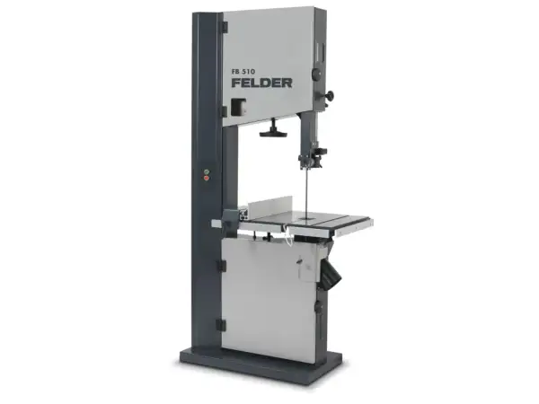 Une scie à ruban FELDER FB 510, machine professionnelle pour la découpe du bois, avec son design gris et anthracite.